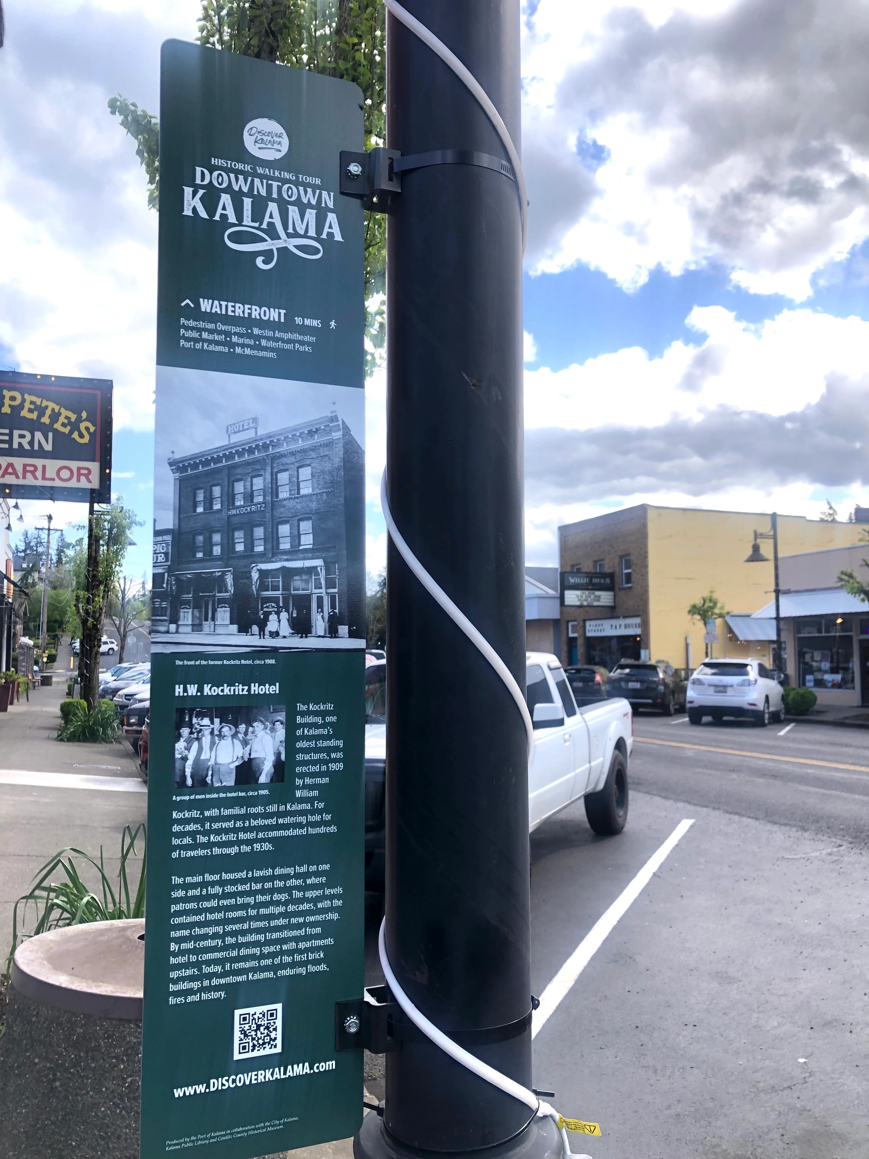 A History Blade on First Street in downtown Kalama describes the H.W. Kockritz Hotel, one of the town's oldest standing structures, April 2026